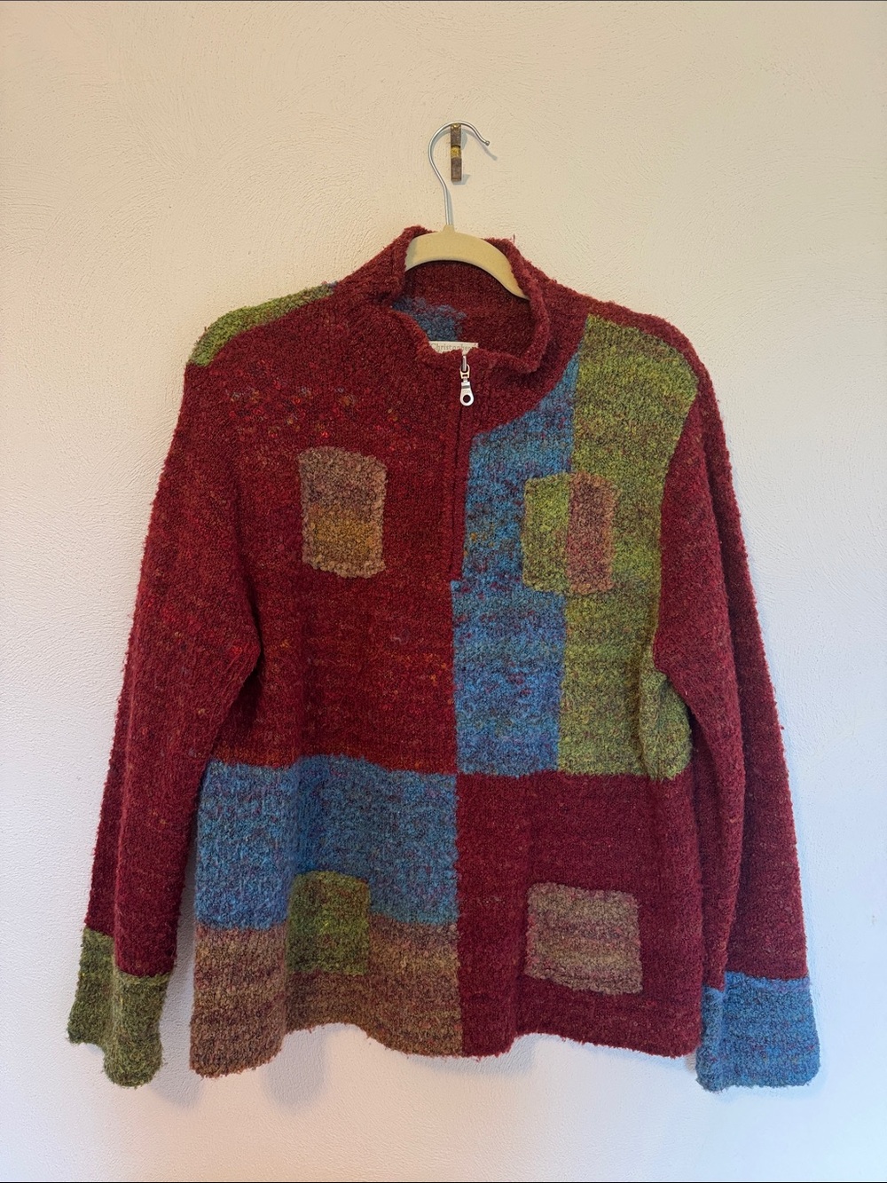 Patchwork Red Wool Blend Zip-Neck Sweater